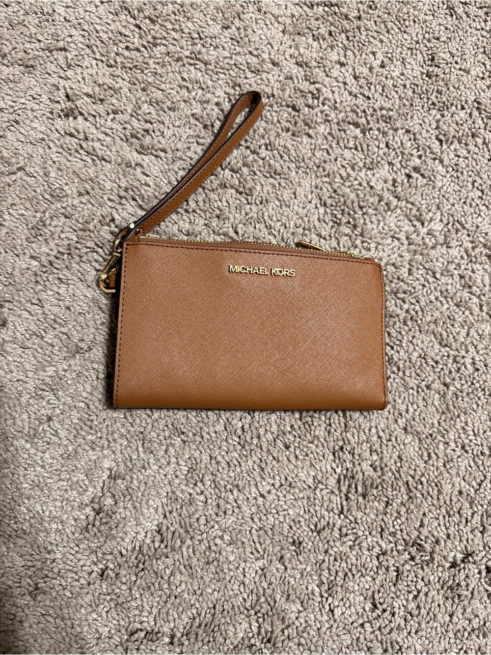 Michael Kors Tan Leather Wristlet Clutch with Gold Hardware